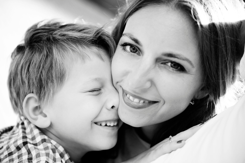 mother and son, happy portraits. black  white photo
